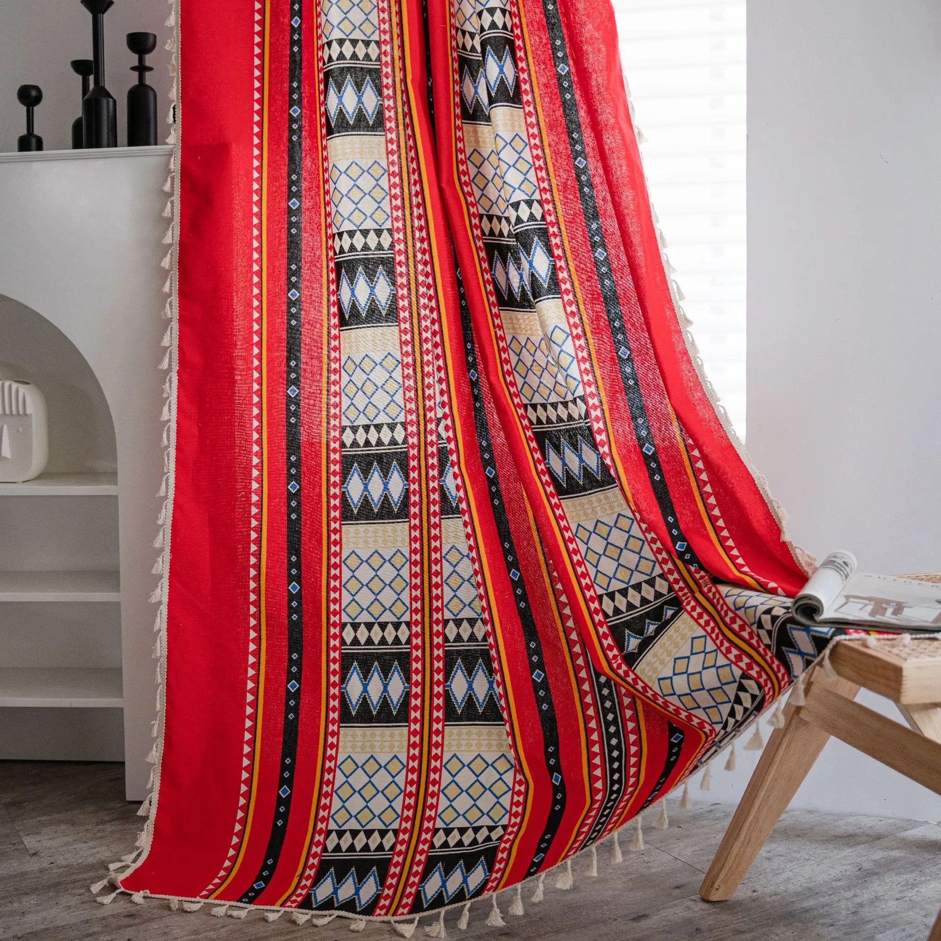 

Bohemian Style Red Geometric Print Tassel Curtain Semi Blackout Curtains for Living Room Bedroom Kitchen Home Decoration Curtain