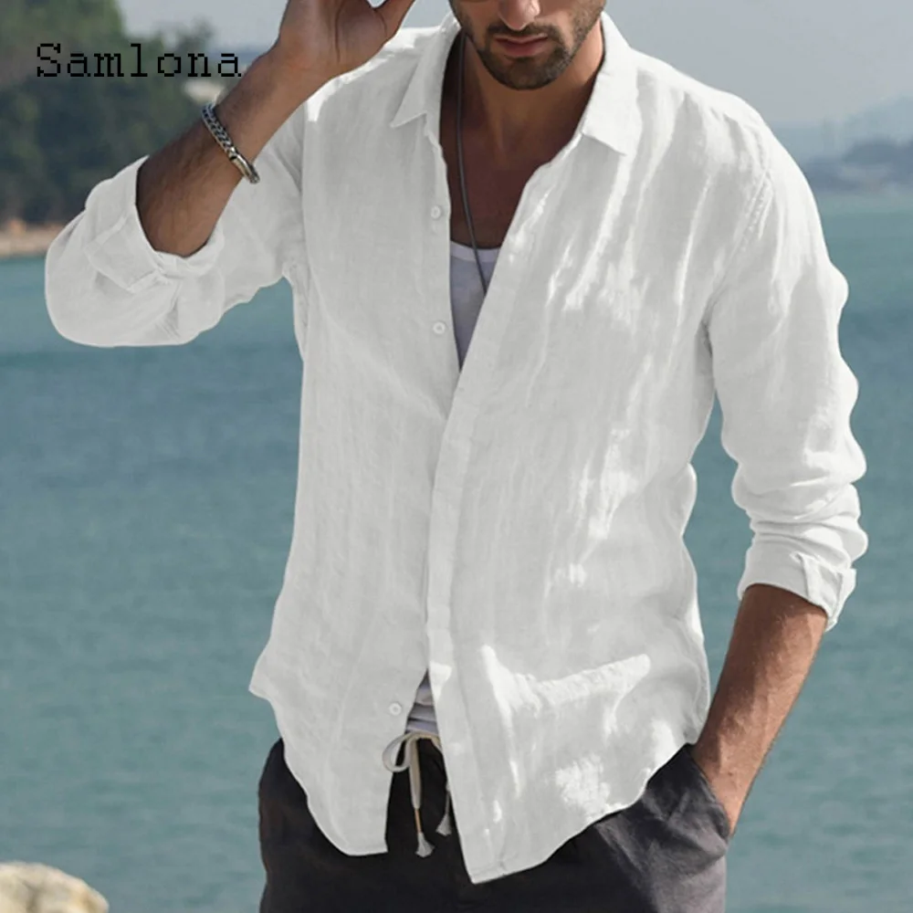 Mens Casual Skinny Tops Model Linen Shirt 2022 Long Sleeve White Black Blouse Men Single-Breasted Summer Leisure Shirts clothing