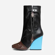 Spliced Leather Color Wedge Thigh High Boots Women Loose Sleeve Outer Zipper Biker Botas Square Head Button Flanged Boot Heels 