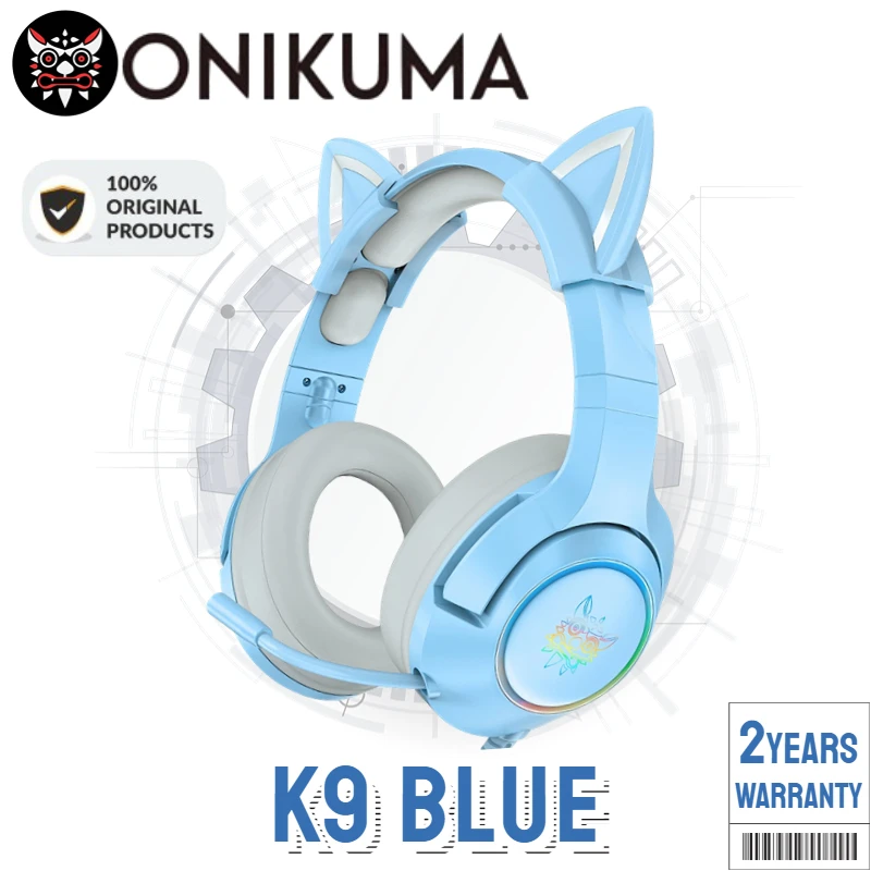 （Original Box）Onikuma K9 Blue Cute Cat Ear Headphone with Mic Gaming Headset Noise Cancelling Game Led Light for FPS Gamer