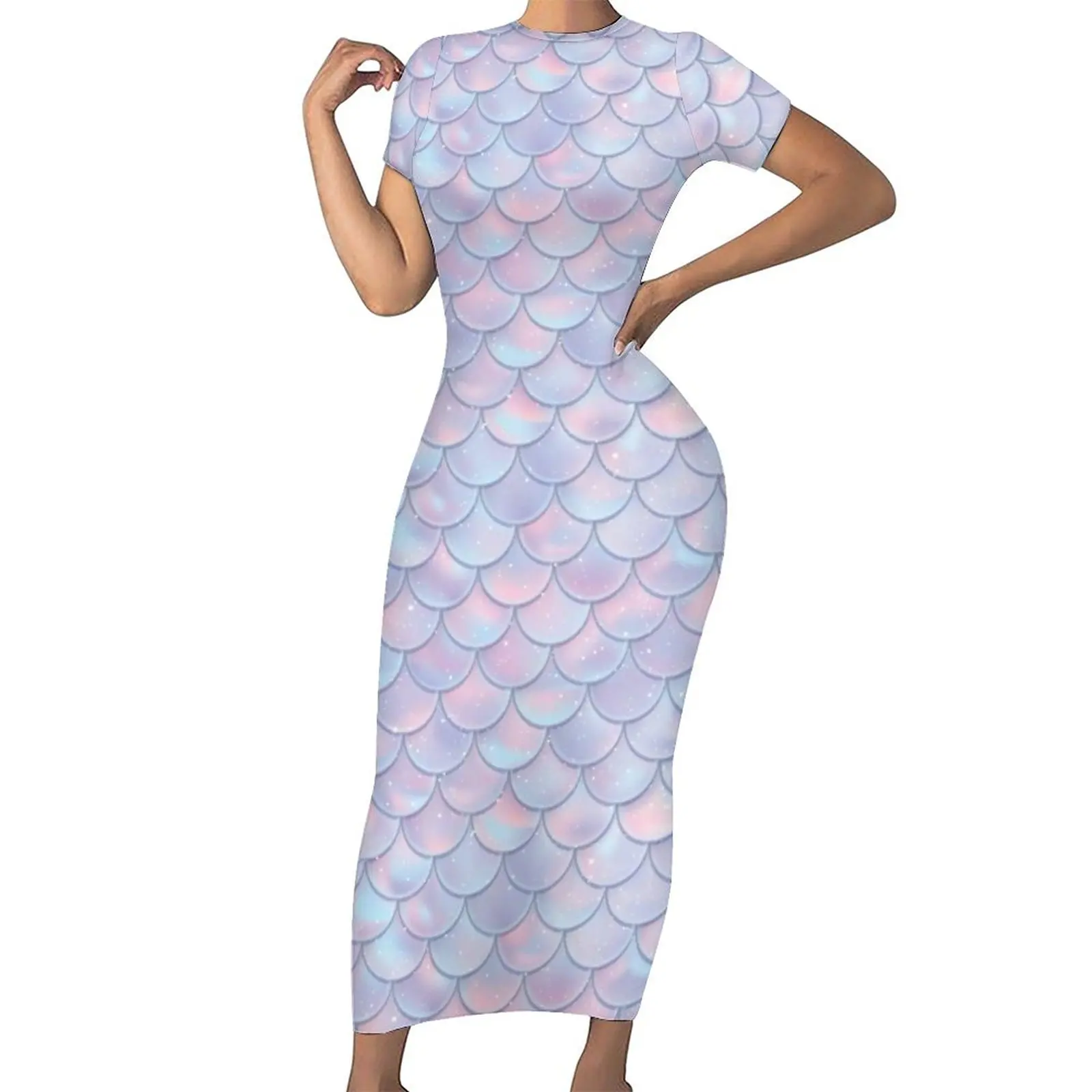 

Pink Mermaid Scale Bodycon Dress Summer Fantasy Print Pretty Maxi Dresses Ladies Short Sleeve Graphic Street Fashion Dress