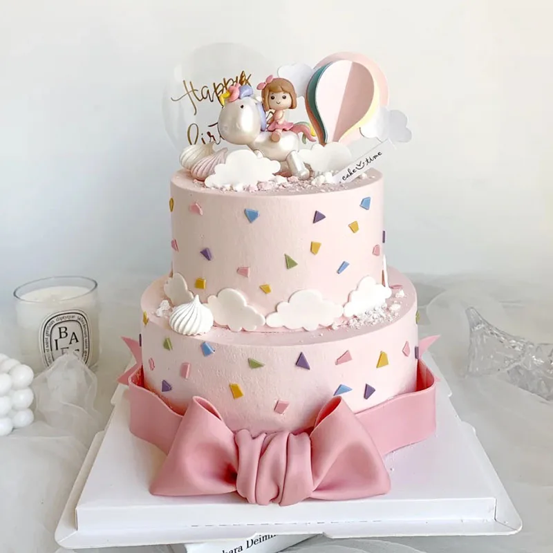 

Rainbow Happy Birthday Cake Topper Decor Birthday Unicorn Cake Soft Pompom Cloud Cupcake Toppers Flags Wedding Party Baby Shower