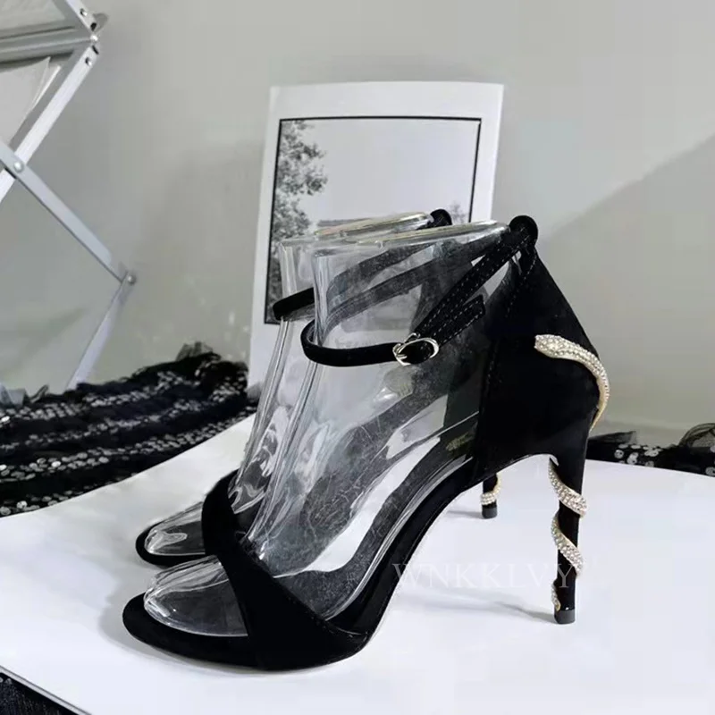 

Serpentine Rhinestones Decor Thin High Heel Sandals Women Suede Narrow Band Ankle Strap Sandalias Ladies Summer Sexy Party Shoes