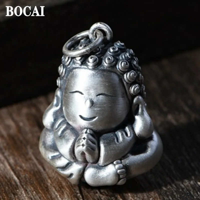 

Новый однотонный ретро кулон BOCAI из чистого серебра s990 простого и креативного трехмерного дизайна в виде маленького Будды для мужчин и женщин