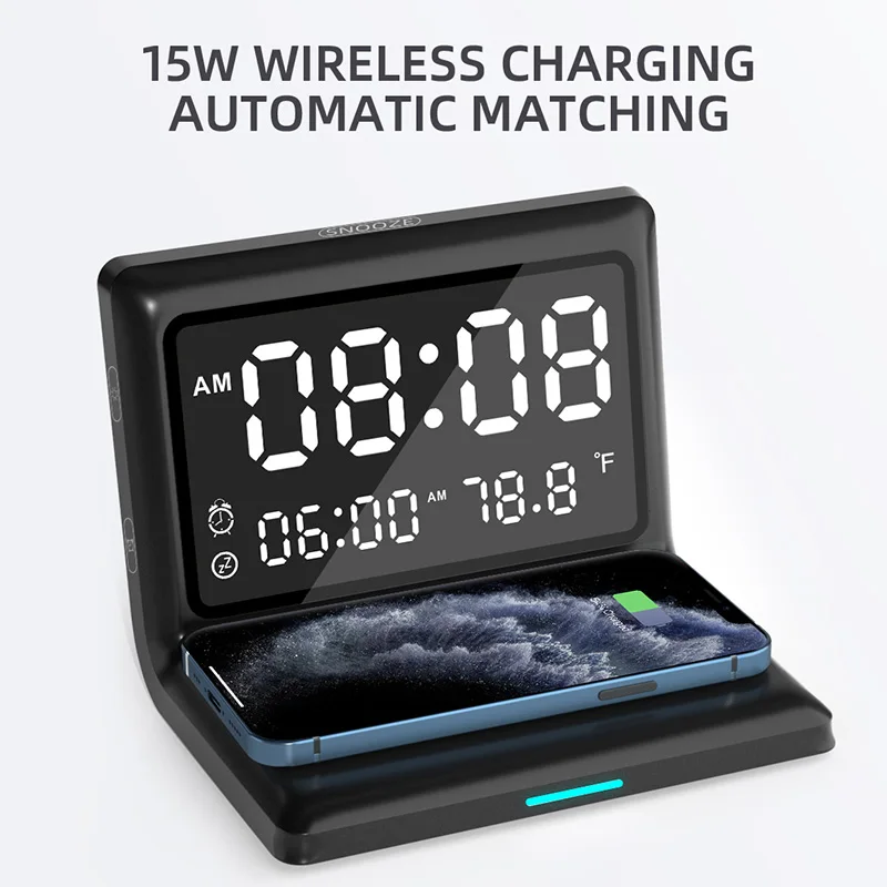 

3 IN 1 Wireless 15W Fast Charger Multi-function Alarm Clock Mirror display Suitable for IPhone 11 12 13 and AirPods PRO Charging