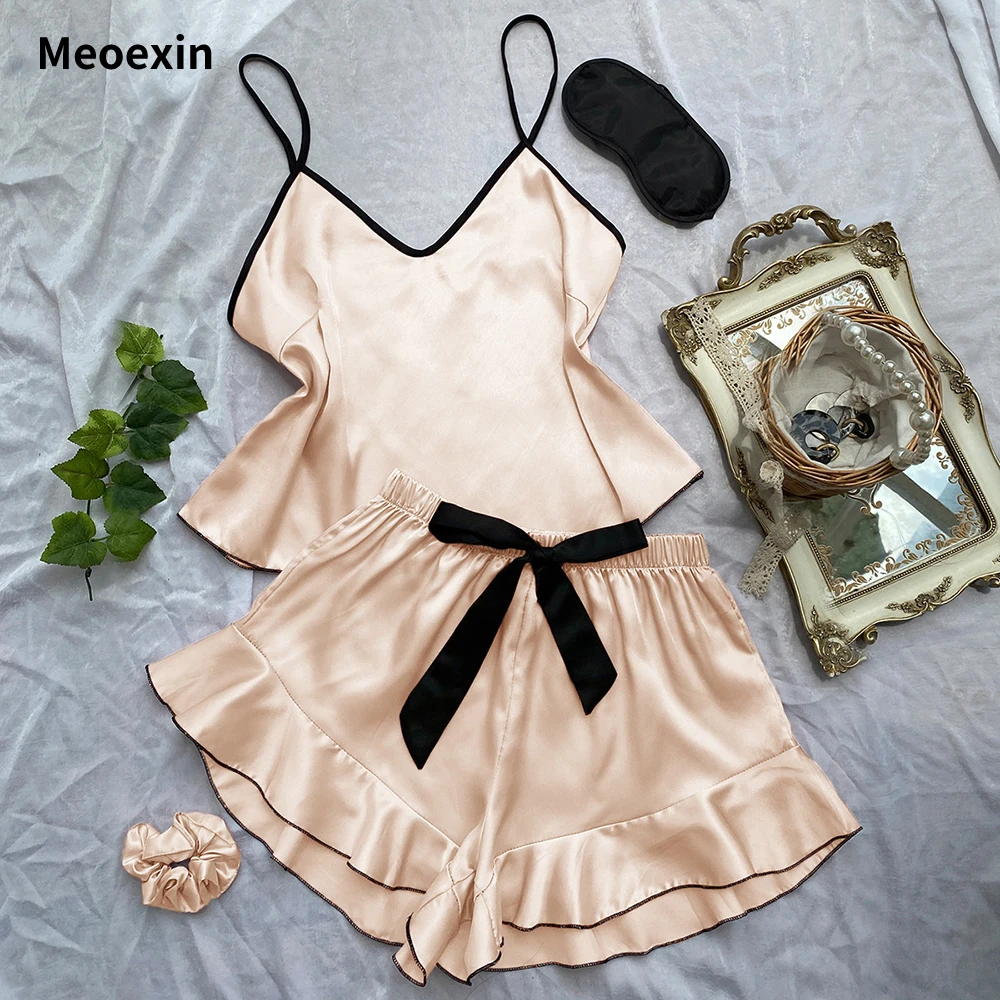 Women's sexy suspender home clothes 2023 new summer fashion vest shorts set fashion color matching home silk ice silk pajamas