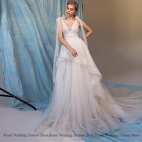 retro a line wedding dresses draped sleeveless layered tulle applique open beck sweep 2022 summer floor length gowns robe de ma