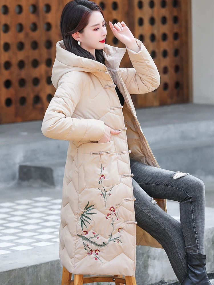 2022 Hot Sale Women Winter Long Jacket Hooded Elegant embroidery Solid Black Green Khaki Female  Parka Coat Warm thicken