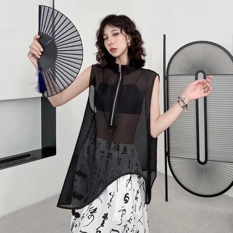 

Винтажные дизайнерские сетчатые топы, женские тонкие футболки с воротником-стойкой, прозрачные Асимметричные пуловеры без рукавов, Летние топы для женщин