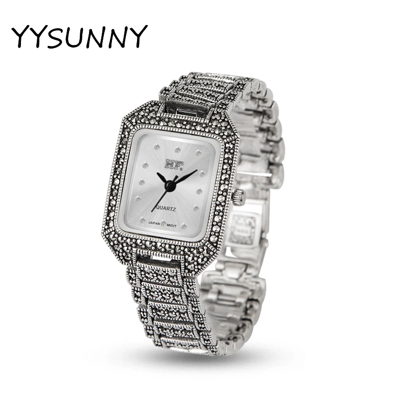 YYSUNNY Women Brilliant S925 Sterling Silver Bracelet Classic Quartz Watch for Ladies Vintage Jewelry Birthday Gift