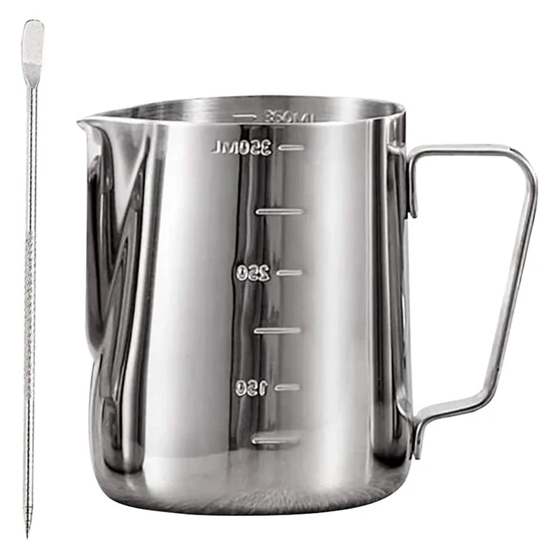 

Stainless Steel Milk Frothing Pitcher, Measurements On Both Sides Inside, Milk Jug Cup With Decorating Pen