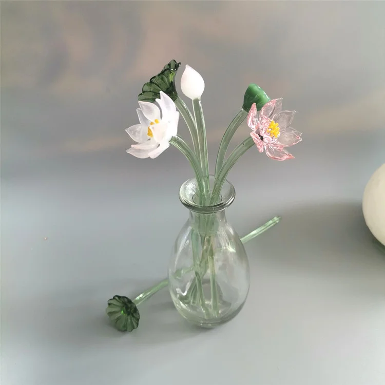 

Handmade Glass Pink Green Lotus Flower Lotus Leaf Home Decoration Glass Flower Bud Creative Rural Home Decoration