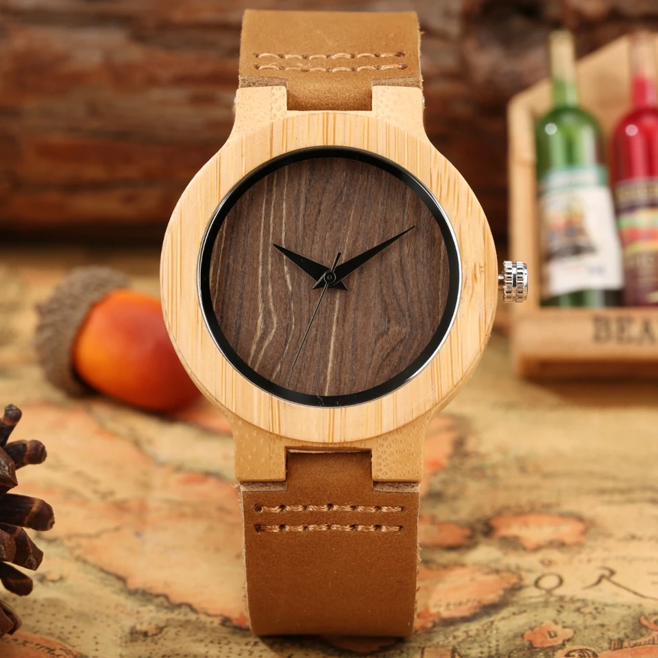 

Vintage Coffee Dial Wood Watches Clock Female Fashion Women Quartz Leather Bracelet Watch Women's Wrist Reloj Mujer