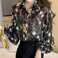 elegant fashion lantern sleeve printing button womens shirt 2022 spring summer ladies vintage casual turn down collar blouses