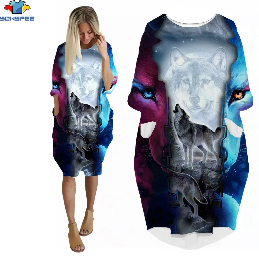 

SONSPEE 3D Print Sunmmer New Women Short Sleeve Dress Wolfface Popular Fashion Sport Leisure Street Crew Neck Knee T-shirt Dress