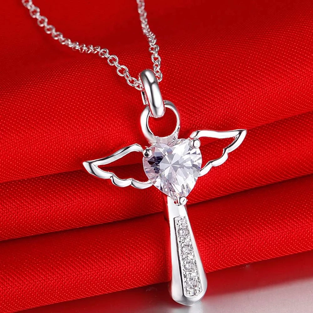 

Luxury 925 Stamped Silver angel fine crystal cross pendants Necklace For Women fashion party Wedding Jewelry Christmas gifts