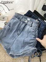 streetwear woman side drawstring high waist stretch denim shorts summer womens all matching slim fit short jeans hot pants