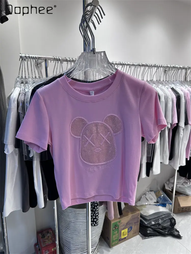 

Новинка лета 2023, хлопковая облегающая короткая стройнящая футболка с высокой талией и коротким рукавом, женский топ с мультяшными блесткам...