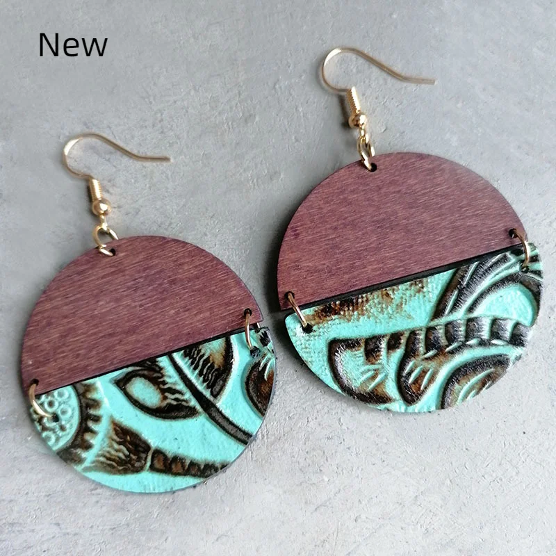 

American Western Jewelry Brown Embossed Cowhide Leather Semicircle Cork Wood Round Drop Earrings for Women Gift Wholesale