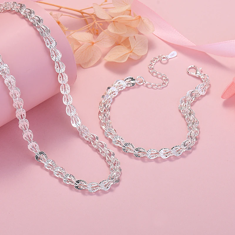 

New 925 Sterling silver Exquisite lathe engraved pattern chain bracelet neckalce jewelry set women fashion Party wedding gifts
