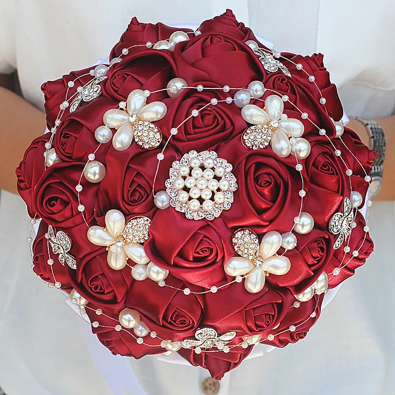

VOHSIAHPO Wedding Bouquet Ribbon Holding Flowers Artificial Pearl Wedding Hand Toss Flowers Bridesmaid Bouquet Prom Accessories