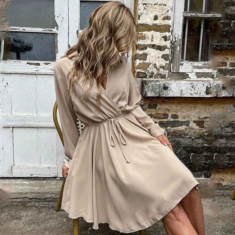 

Summer Casual Solid Khaki Women Long Sleeve Knee-Length Dress Elegant Deep V Neck Ladies Chic Swing Ruffles Dress Vestidos 2022