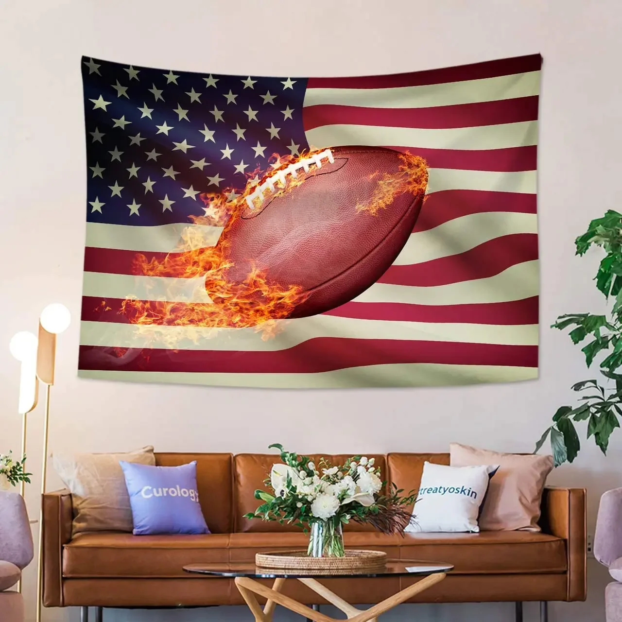 Американский флаг футбол настенный спортивный гобелен с пылающим футболом фон