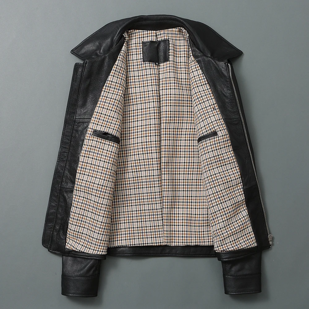 Мужская летная куртка из натуральной кожи черная облегающая кожаная с верхним