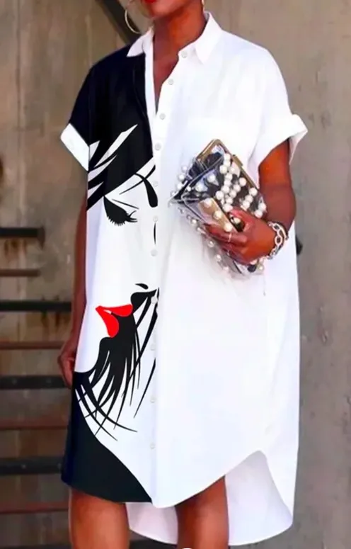 

Женское длинное платье-футболка с принтом, свободные топы с отложным воротником и коротким рукавом, платья-трапеции, повседневные однобортные летние платья 2023