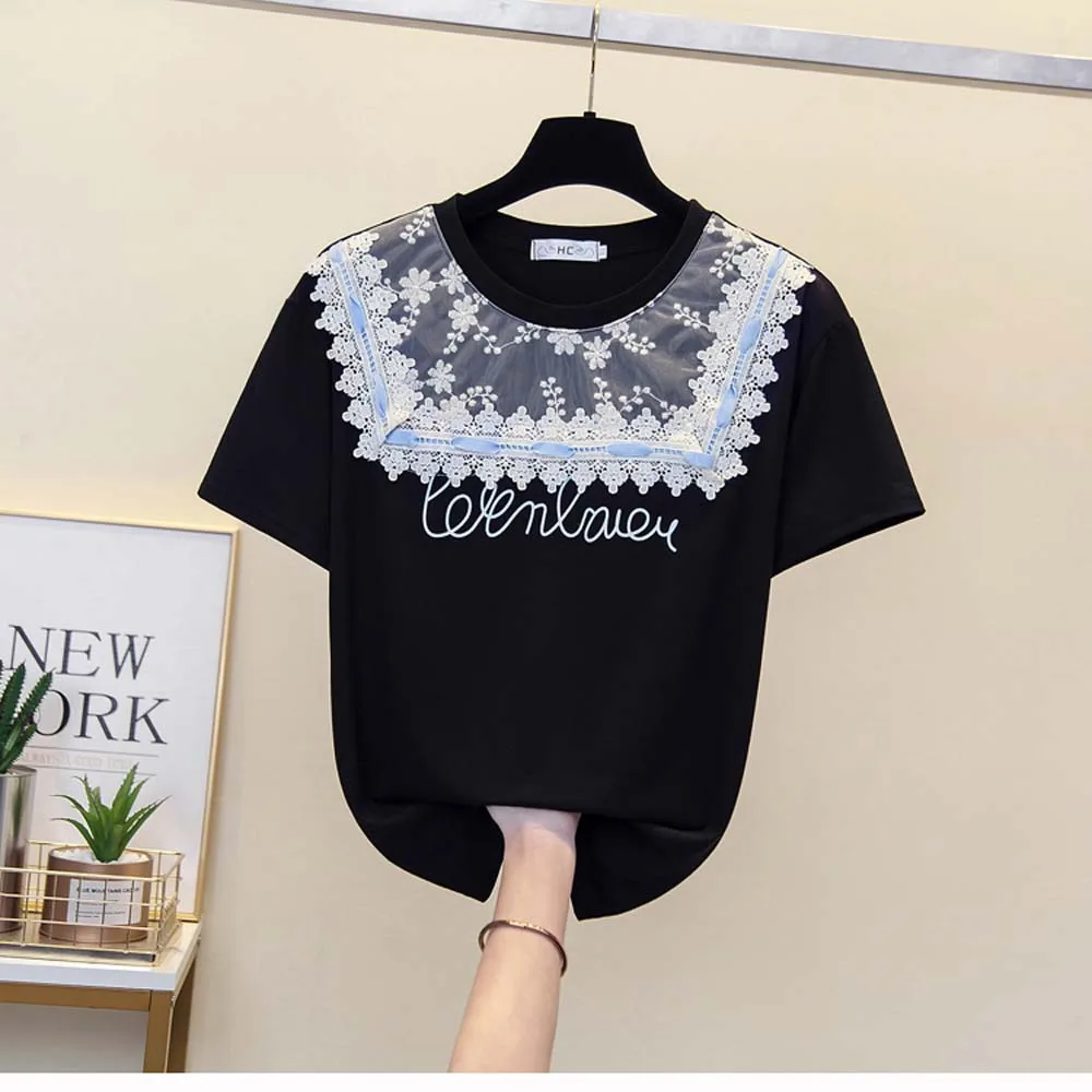 

Women Leisure T-Shirt Short Sleeve Lace Patchwork Round Neck Loose Pullover Minimalism Korea Style Ladies Summer Casual T-shir