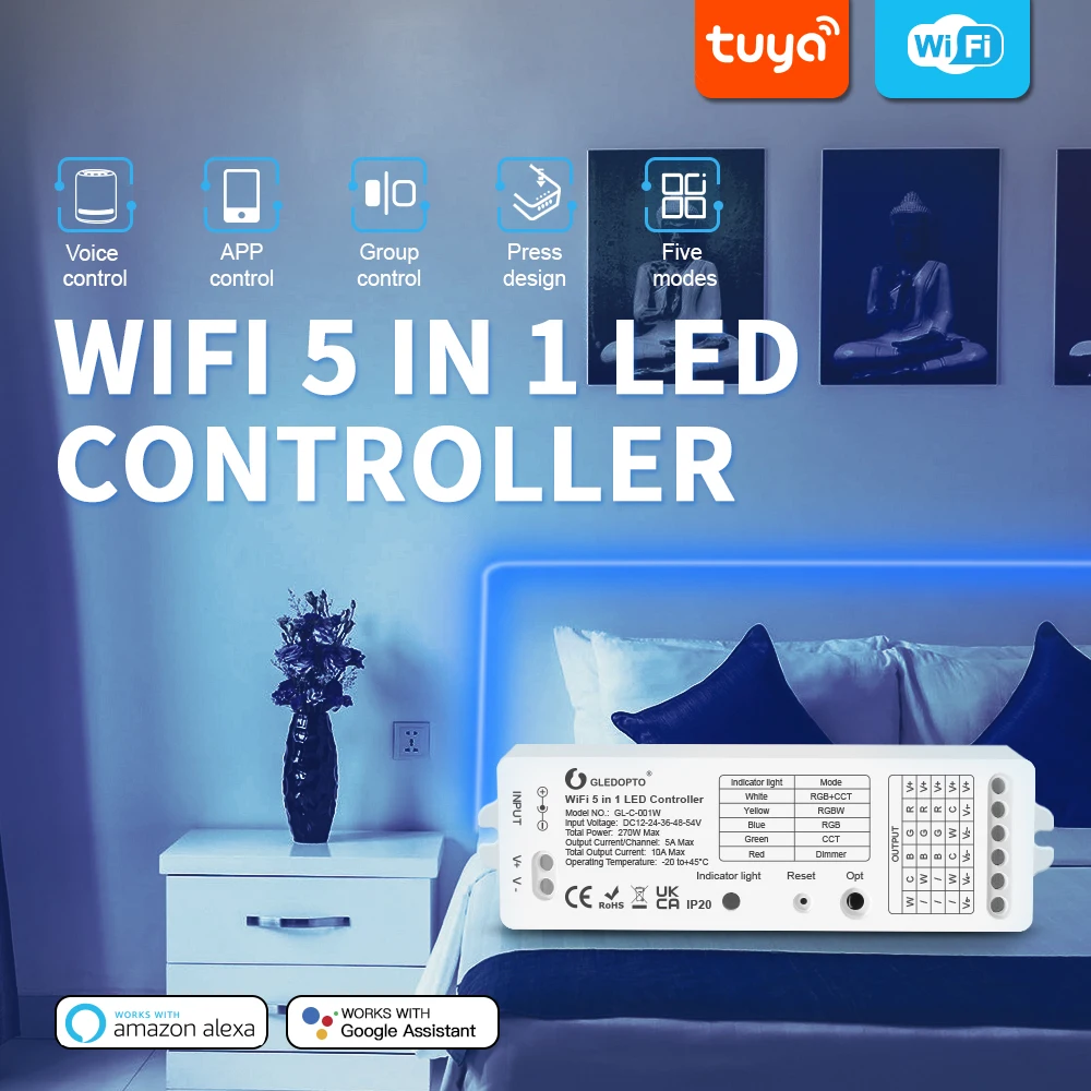 

Gledopto WiFi 5 in 1 LED Controller Strip Light App/ RF Remote/ Alexa Voice Control Work with Tuya Smart Life No Gateway Require