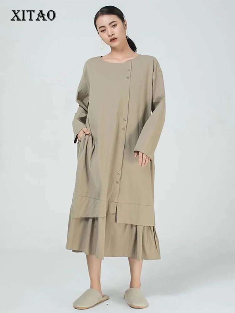 

Женское плиссированное платье XITAO, однотонное Повседневное платье с круглым вырезом и длинным рукавом, элегантное Свободное платье, WMD4412