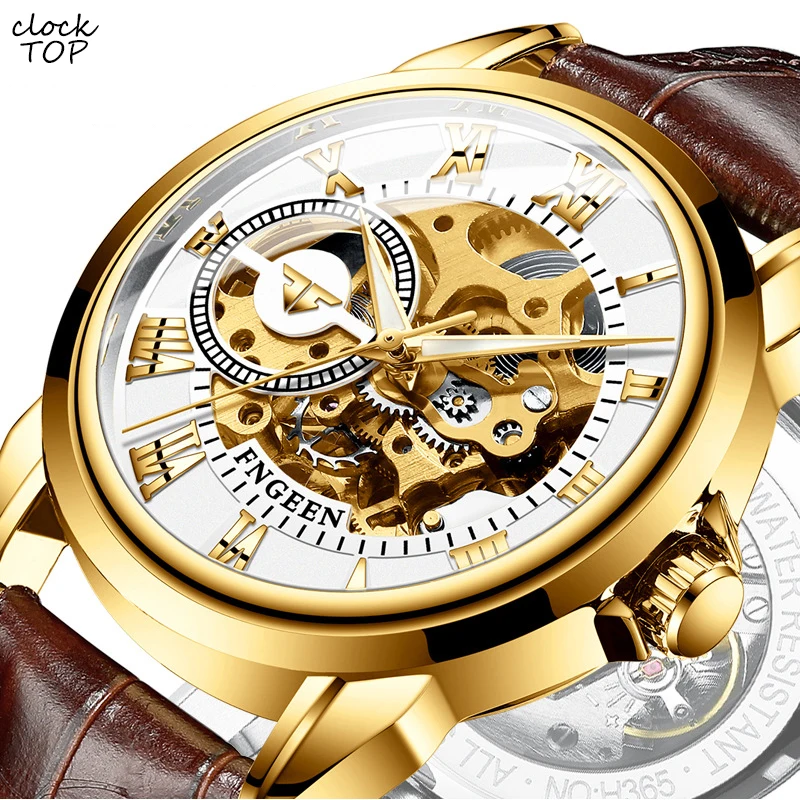 

Luxury Skeleton Automatic Mechanical Watch for Men Wristwatch Male Genuine Leather Gold Black Reloj Hombre Man Relogio Masculino