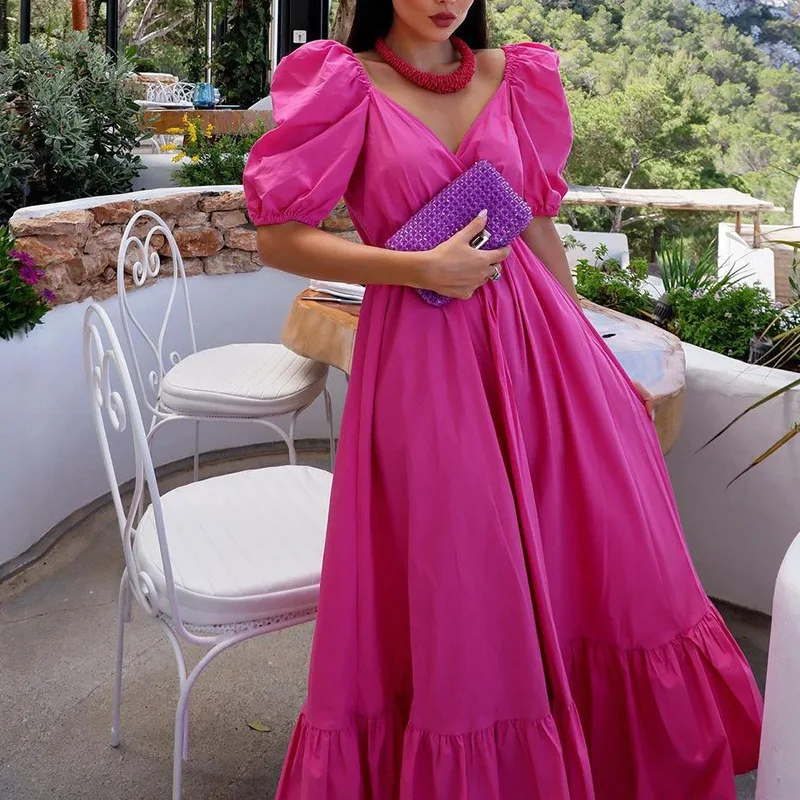 

Women Solid Summer Vintage Elegant Loose Short Sleeve Swing Party Long Dresses Female Beach Dress Vestidos Casual Robe