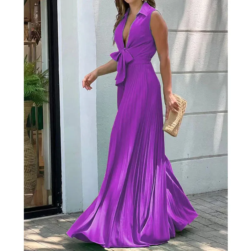Summer Fashion Women Jumpsuit Solid V Neck Sleeveless Lapel  Pleated Lace Up Loose Wide Legs Romper High Streetwear