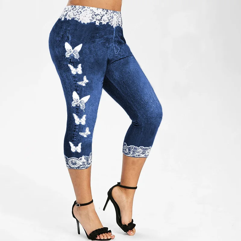 

Casual Style Women's Jeans Fashion Relaxed Elastic Lace Butterfly Printing Slim Fit Capris 2023 New Commuter Street Apparel Ottd