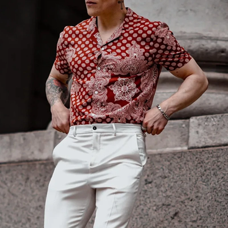 Summer Shirt Men's Fashion Slim Printed Shirt Top Men's Casual Short Sleeve Single-Breasted Turn-down Collar T-shirt Shirt