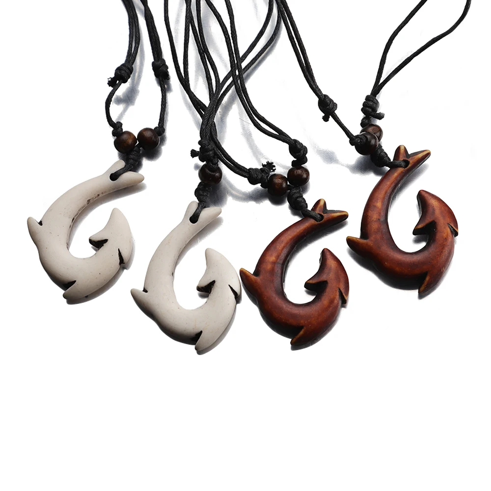 

1PC NZ Maori Tribes Yak Bone Fish Hook Pendant Necklace Handmade Carved Charm With Hemp Rope Necklace For Surfing