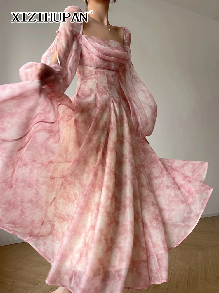 

Платье XIZIHUPAN женское с квадратным вырезом, повседневное с длинным рукавом, с высокой талией, с открытой спиной, модная летняя одежда