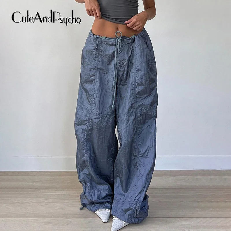 

Cuteandpsycho Streetwear Loose Parachute Pants Drawstring Casual Baggy Cargos for Women Solid Harajuku Retro Fashion Chic Bottom