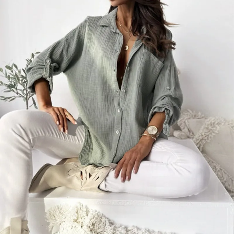 Autumn Fashion New Women's Shirt Cardigan Single Breasted Loose Pocket Office Lady Commuting Style Elegant Casual Solid T