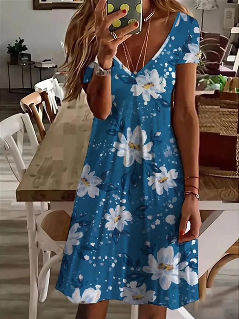 

2022SummerWomen'sDressesFloralThemePrintPaintingDressV-NeckFashionDesignNewCasualWomen'sKneeLengthSkirt