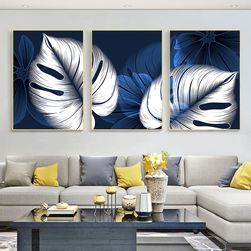 

Nordic Abstract Blue White Plant Leaf Canvas Art Paintings Modern Posters Print Wall Art Picture for Living Room Home Decoration