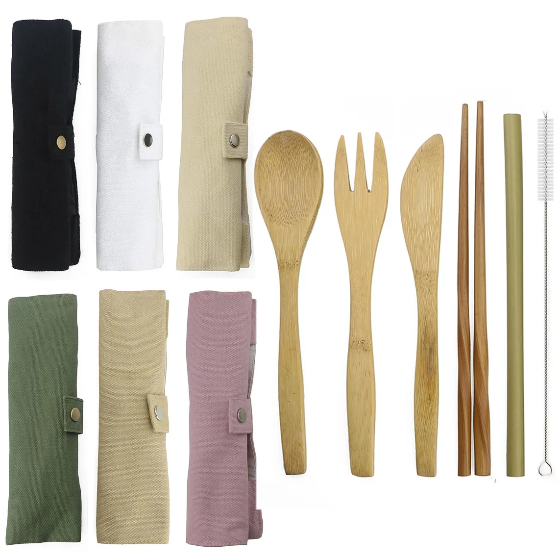 

6Pcs/set Japanese Wooden Dinnerware Set Cutlery Set Bamboo Fork Knife With Cloth Bag Kitchen Tools Picnic Travel Outdoor