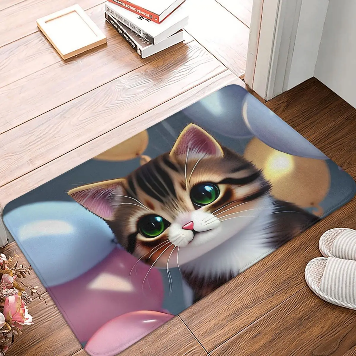 

Lovely little animals Non-slip Doormat Cat With Balloons Bath Kitchen Mat Outdoor Carpet Flannel Pattern Decor