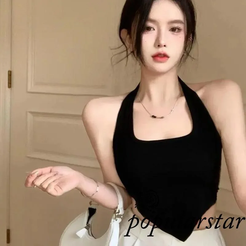

Popu-Woman Sexy Solid Color Vest Sleeveless Halterneck Slim Crop Tops Backless Triangle Hem Camisole