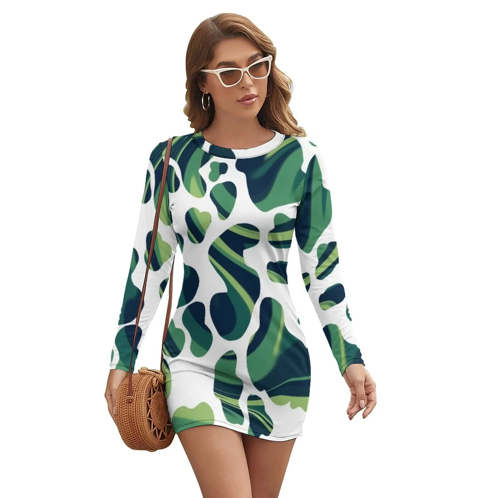 

Женское облегающее платье с длинным рукавом, зеленое платье из коровьей кожи с принтом в виде животного, летнее платье большого размера