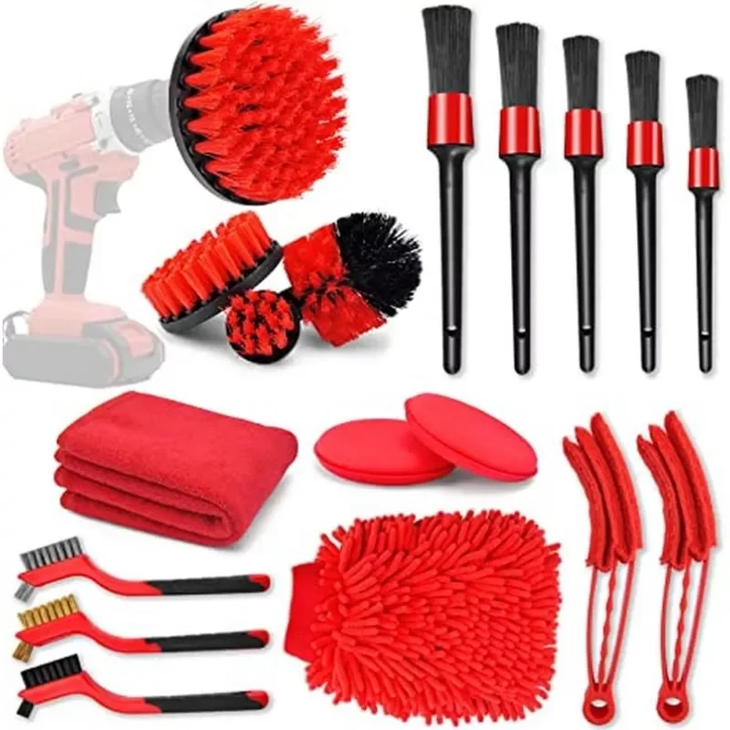 

18Pcs Car Detailing Brush Set Drill Brush Wash Tool Car Wheel Interior Dashboard Air Outlet Bathroom Household Cleaning Kit