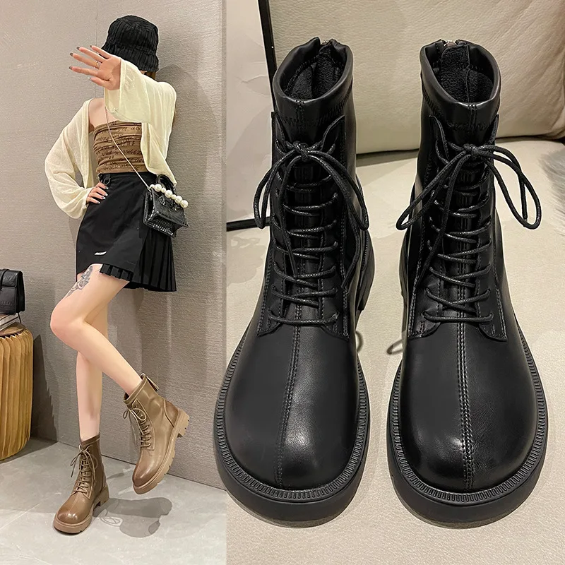 

Женские ботинки на среднем каблуке-Женская обувь с круглым носком Роскошные Дизайнерские на молнии 2022 до середины икры рок Лолита резинова...