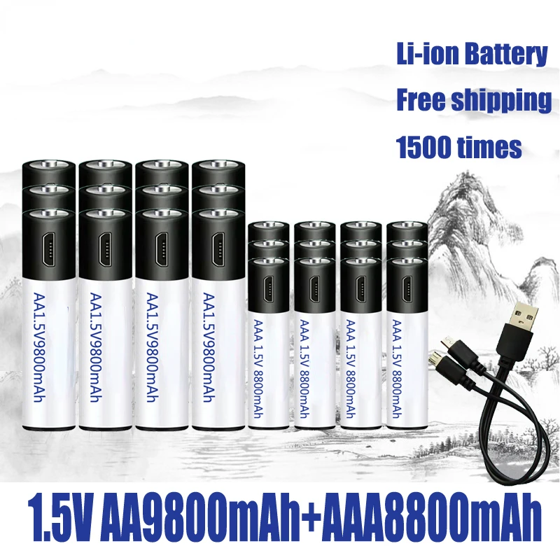 

Аккумуляторная батарея 1,5 в AA + AAA USB, литий-ионные батареи 9800 мАч/AAA 8800 мАч для игрушек, часов, MP3-плеера, Термометра + кабеля